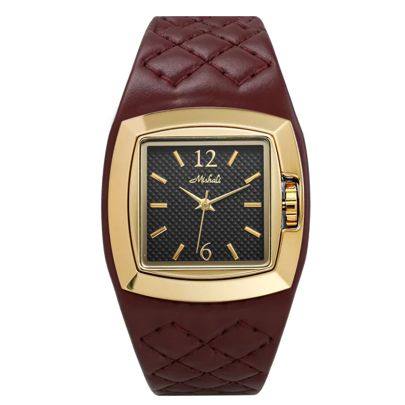 Square Checkered Quartz Watch for Women with Hot Genuine Leather Strap and Waterproof Minimalist Design