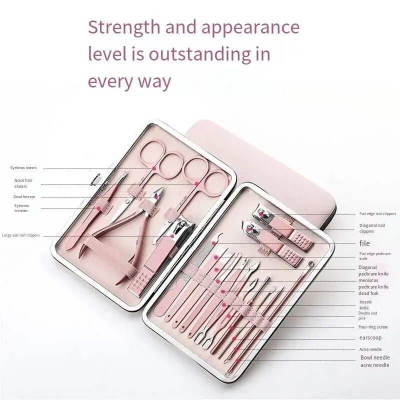 Diagonal Exfoliating Stainless Steel Nail Polish Set, Rose Gold, 18 Piece, Household Ear Spoon Scissors, For Men