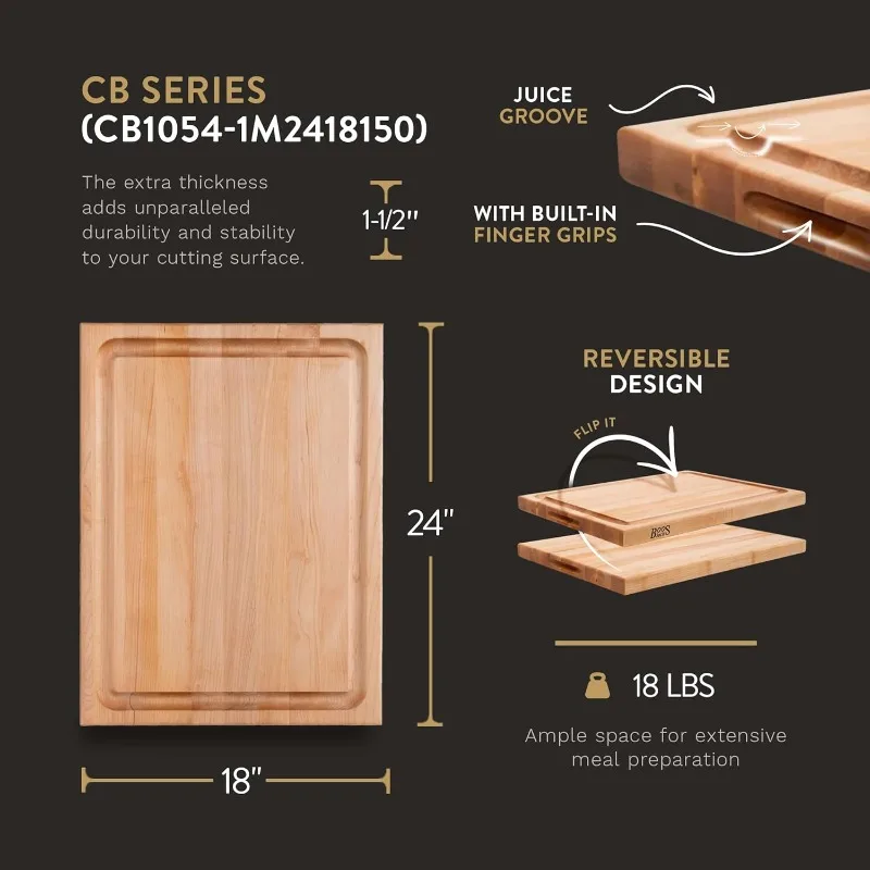 Series Large Reversible Wood Cutting Board with Juice Groove, 1.5-Inch Thickness, 24