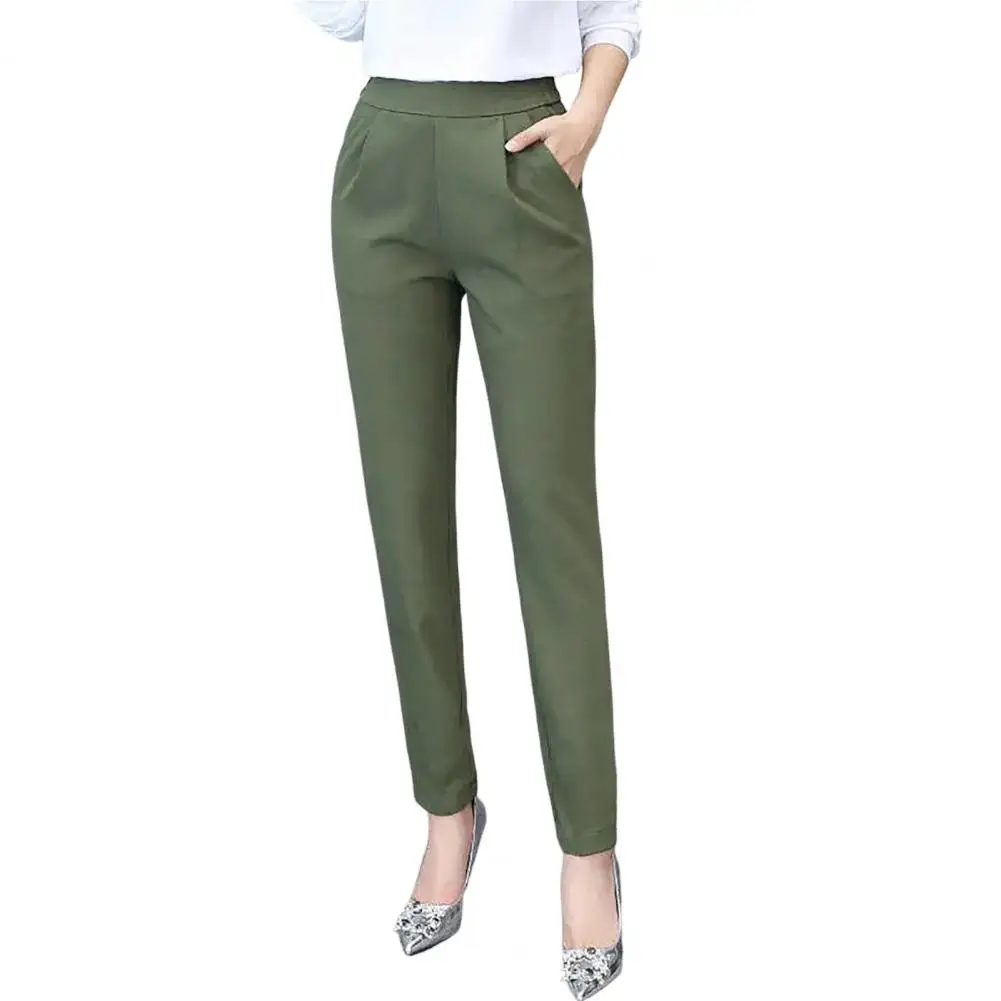 

Trouser Suit Office Lady Work Wear Formal Pants Women Fall Slim Elastic Waist Pockets Casual Straight Pencil Cropped Pants Black