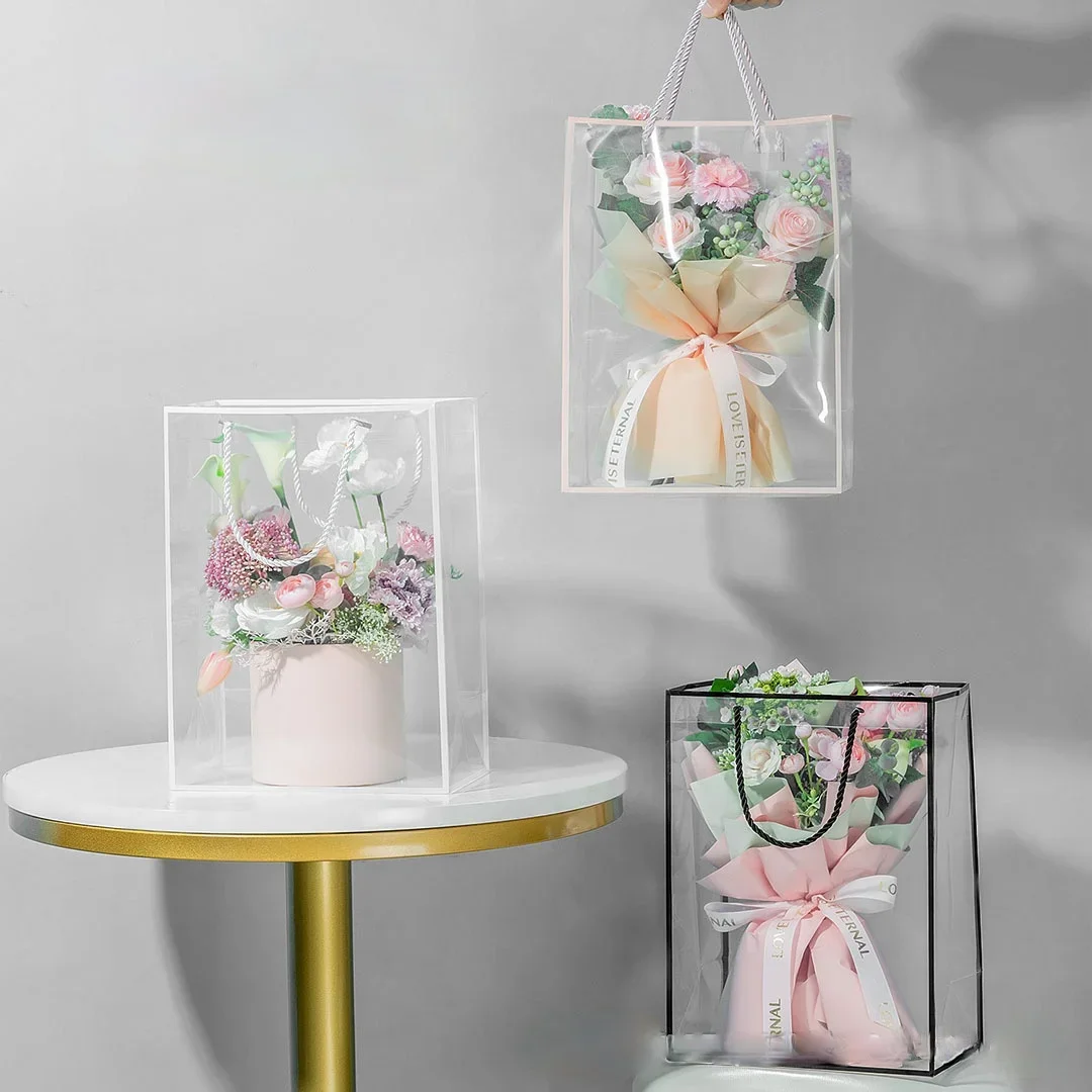 

5PCS Full Transparent Border Flowers Bouquet Tote Bag Window Carrying Gift Bag Florist Store Supplies Shipping Bags