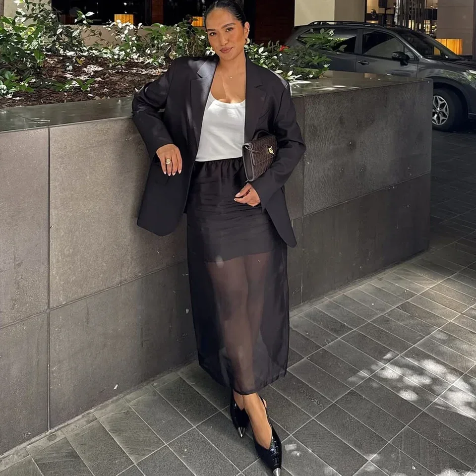 Black Mesh Skirt Women's Sexy Perspective High Waist Slit Cover Skirt Summer Fashion Casual Office Lady Skirt 2025