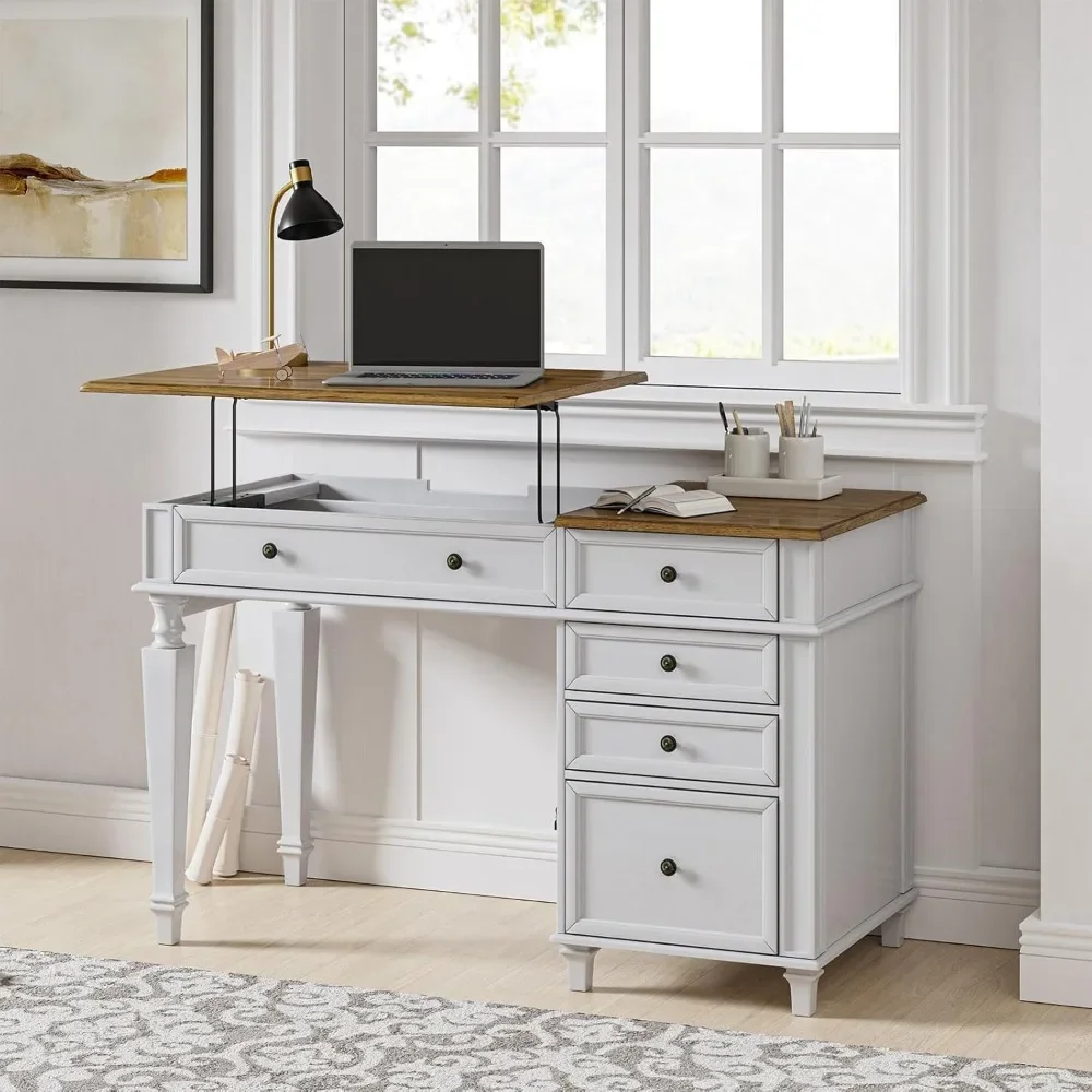 Farmhouse Desk with Drawers, Home Office Desk Desktop Riser, USB Port, Adjustment Legs(White)