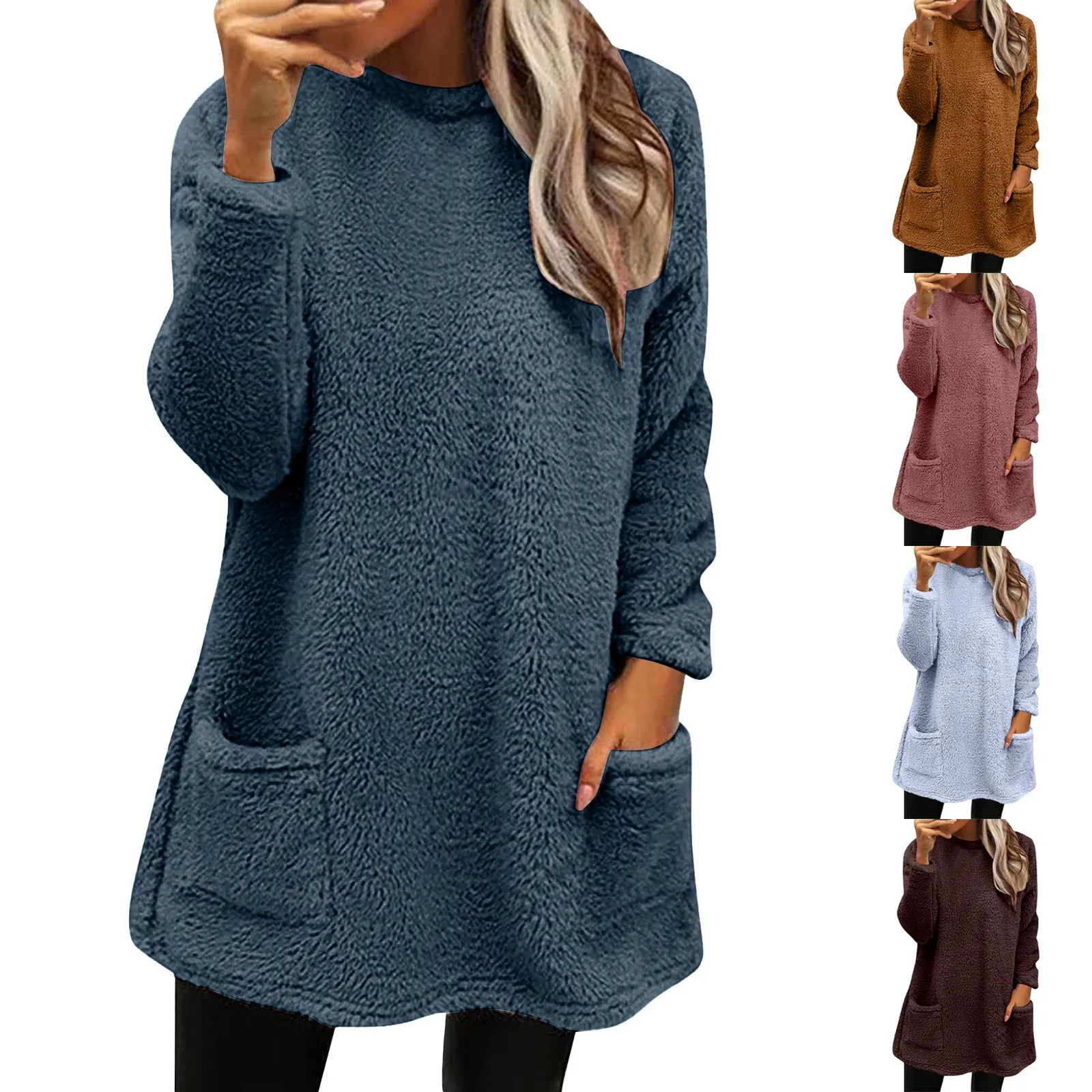 Womens Winter Coat Loose Wool Jacket Long Sleeved Jumper With Pockets Light Sweatshirt