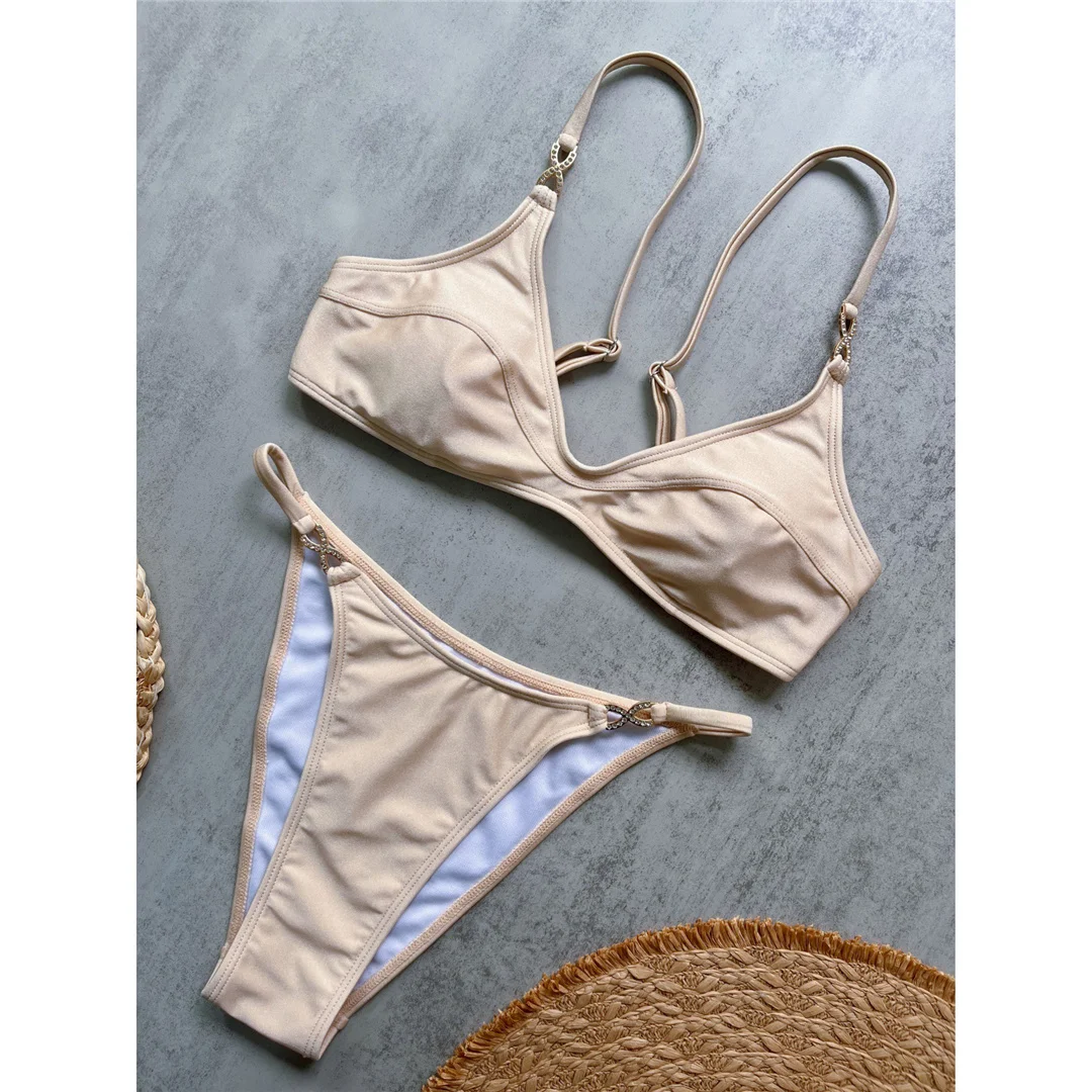 10 Farben, V-Ausschnitt, mit Strasssteinen verzierter Bikini, Damen-Badeanzug, zweiteiliges Bikini-Set, gepolsterter Badeanzug, Badebekleidung, Modell V8138. – Detail 2