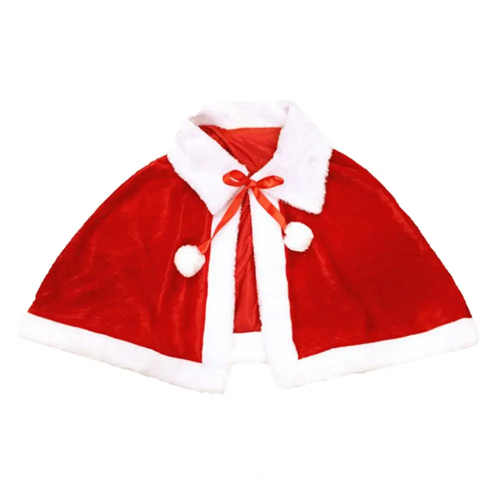 Christmas Cape Bow Plush Balls Adult Kids Turndown Collar Xmas Cloak Christmas Wear