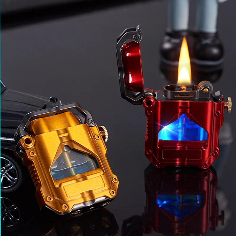 Metal Machinery Kerosene Lighter Transparent Gas Window One Key Ignite High Appearance Personalized LED Lighter Men's Gift