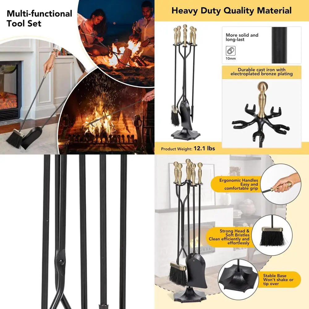 

Набор каминных инструментов с латунной ручкой из 5 предметов: аксессуары из кованого железа с покером, щипцами, лопатой и кистью с античной бронзовой отделкой