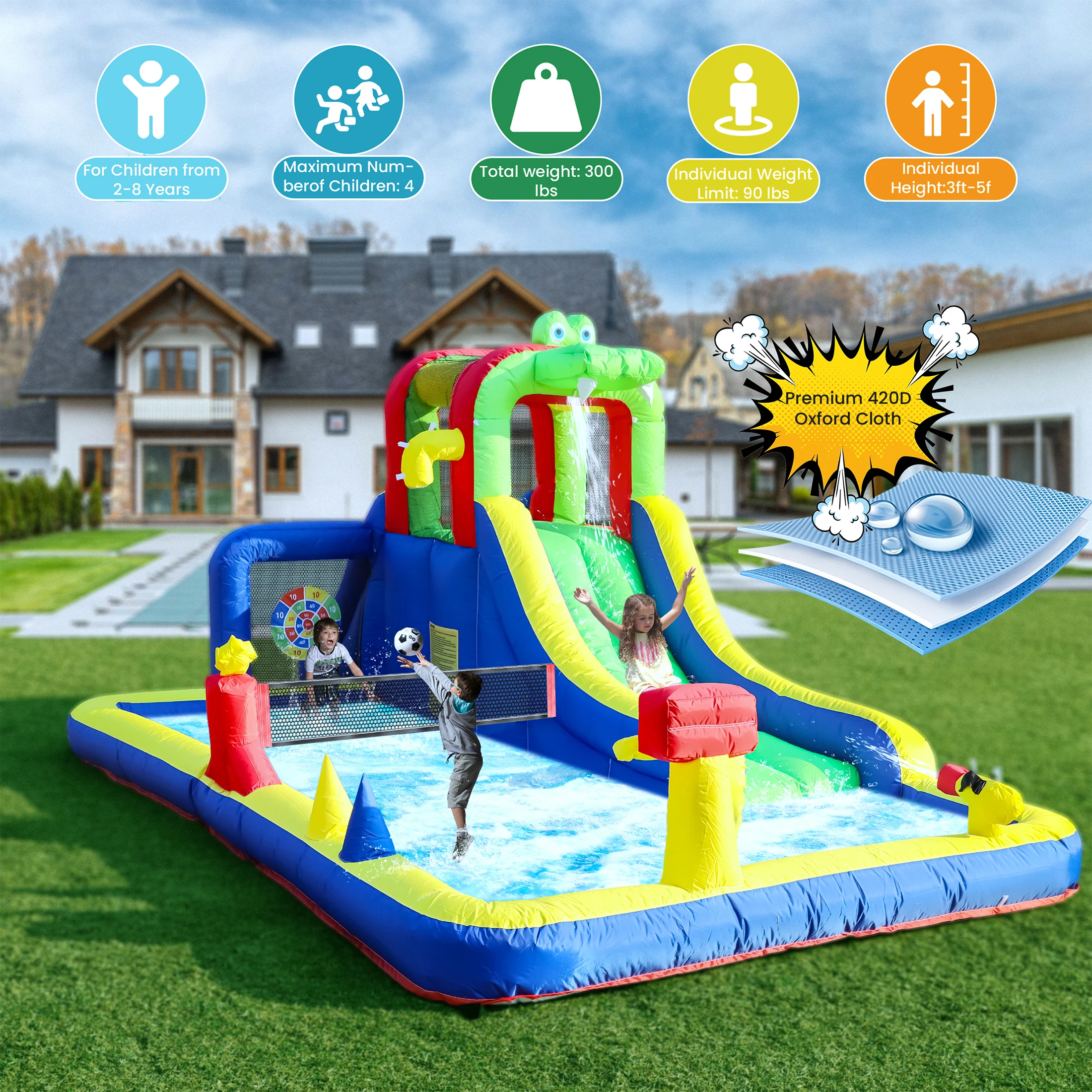 Parque de tobogán acuático inflable de cocodrilo 8 en 1 para patio trasero de niños, parque infantil comercial húmedo y seco