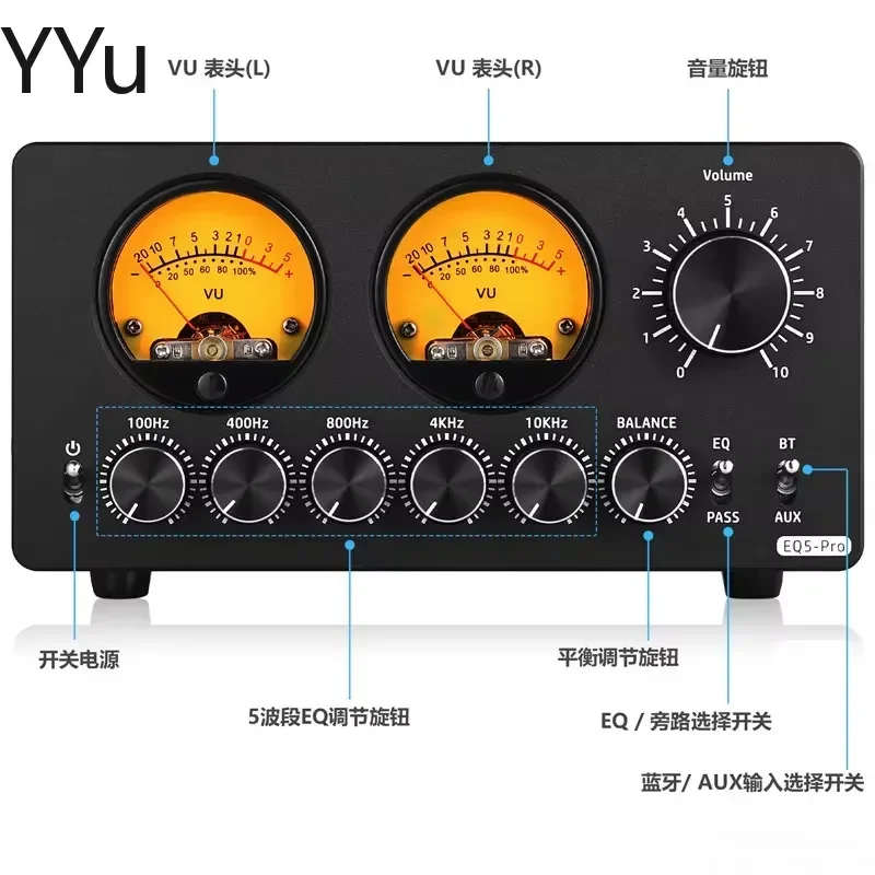 for 5 Band EQ Equalizer VU Meter Bluetooth 5.0 Desktop Preamp Audio Processor Independent Channel Control for Studio Monitor