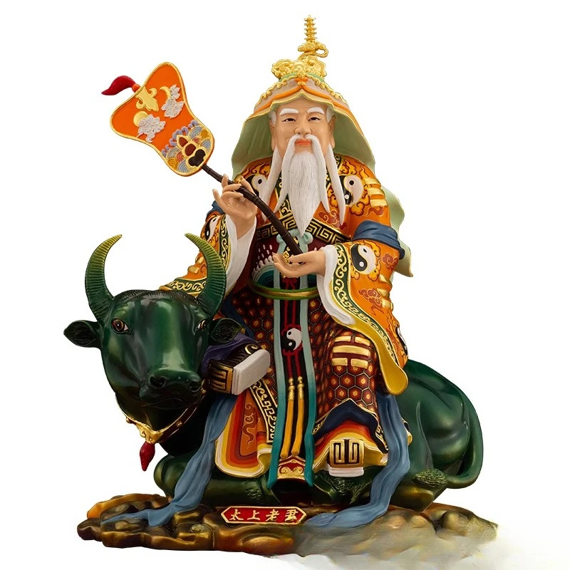 Pure copper painted Taishang Laojun god statue Buddha statue Morality Tianzun Laozi riding an ox to go out of customs