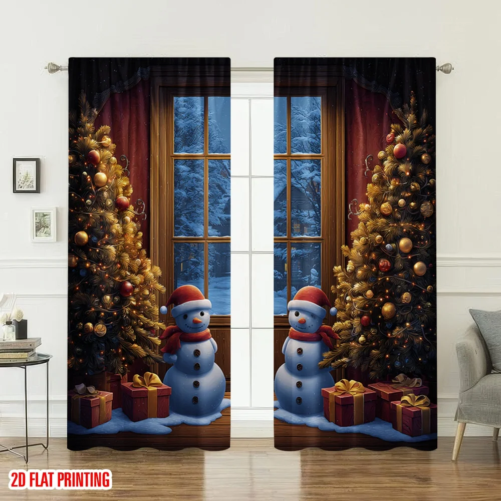 2 قطعة 2D الطباعة المسطحة عيد الميلاد الكلاسيكية الستائر الساخنة عيد الميلاد الثلج هدايا العيد الرقمية المطبوعة البوليستر الستائر احتفالية #6