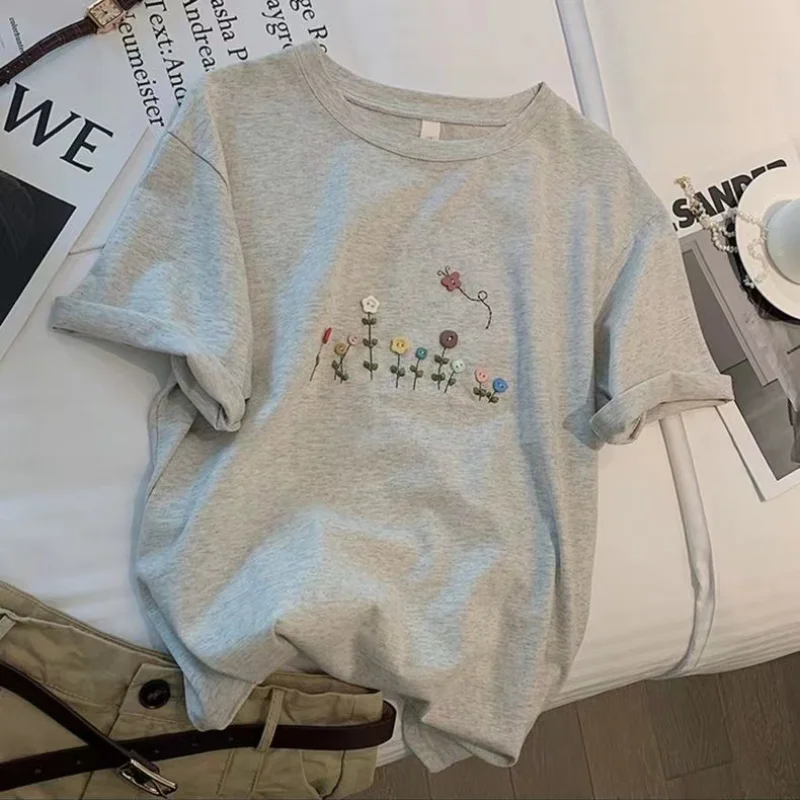 Women's Heather Gray Oversized T-Shirt Front Mini Floral Embroidery Crew Neck Rolled Cuffs Casual Top