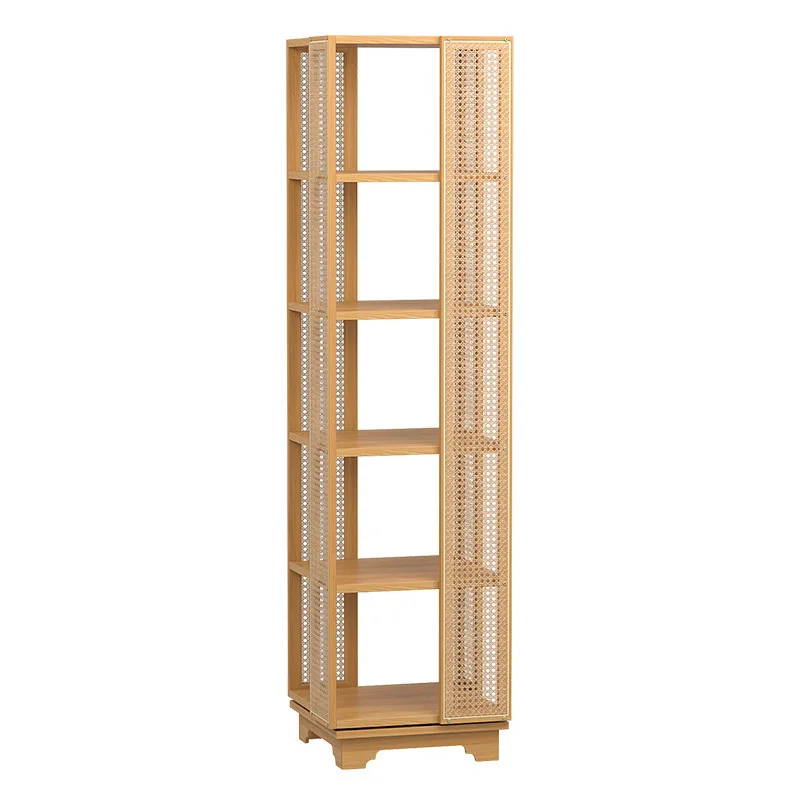 Rattan Bookshelf Floor Shelf Movable Rotating Bookshelf 360 Degree Corner Cabinet Display Cabinet Solid Wood Bookcase
