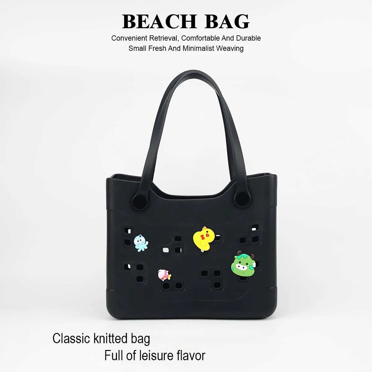1 Stück Retro-Strandtasche aus einfarbigem, wasserdichtem, weichem, strapazierfähigem und verschleißfestem EVA-Gummi, zum Selbstgestalten mit niedlichen Cartoon-Accessoires, abnehmbarer Tragegriff,