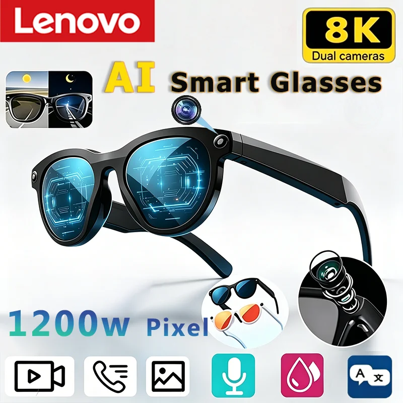 

Умные очки Lenovo 1200MP 8KHD AI с изменением цвета, Chat GPT, AI-переводом, камерой, Bluetooth-звонками, голосовым помощником, управлением музыкой для мужчин