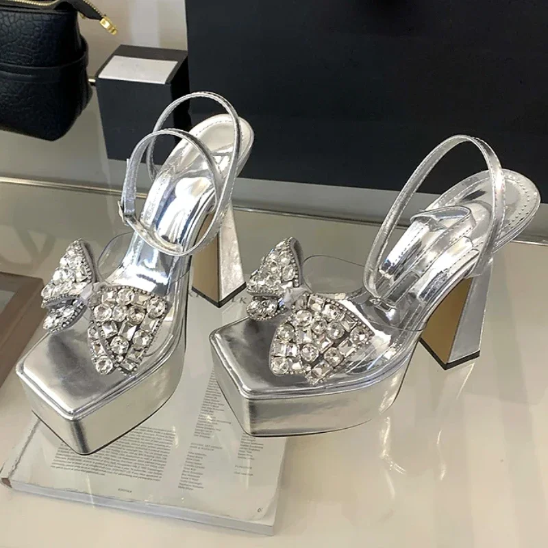 Luxury Rhinestone Transparent Platform Sandals Women Open Toe Summer Fashion Slingback Party Dress Shoes Crystal Bow High Heels