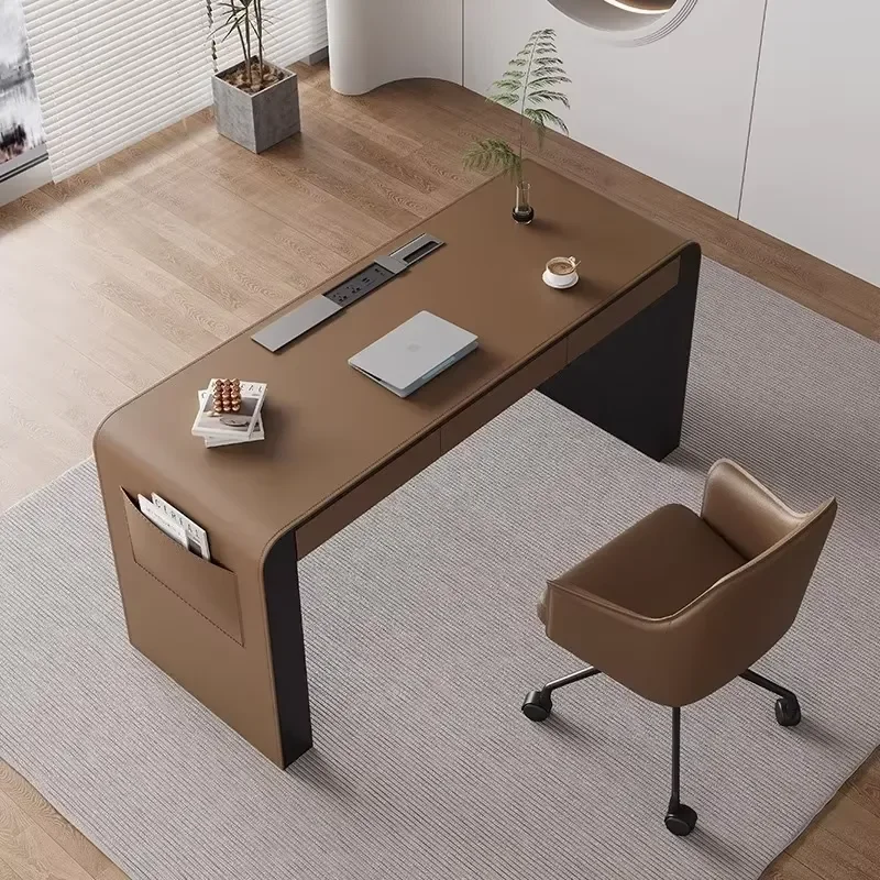 Italian Minimalist Design Modern Premium Saddle Leather Writing Desk for Home Study Office