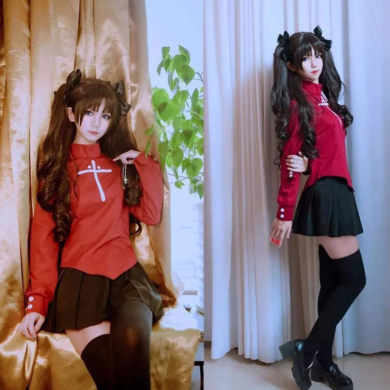 Anime Game Fate/Stay Night Tohsaka Rin Cosplay Costume Wig Red Long Sleeved Uniform Necklace Woman Sexy Kawaii Halloween Suit