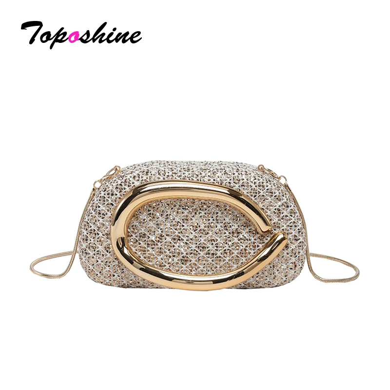 

Toposhine Elegant Mesh Rhinestone Evening Lady Clutch with Gold Metal Handle Detachable Chain Crossbody Purse for Formal Events