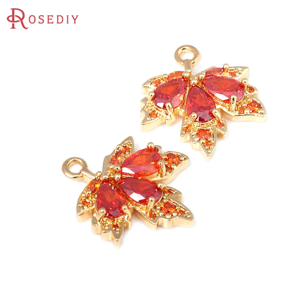 4PCS 18K Gold Color Brass and Zircon Tree Leaf Charms Pendants Diy Jewelry Making Necklace Earrings Accessories