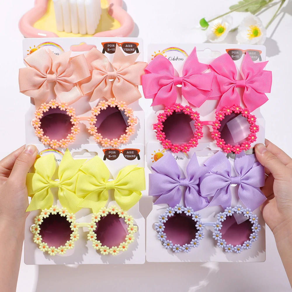 3 Teile/satz Cheer Bow Haarspangen Retro Blume Sonnenbrille für Kinder Druck Handgemachte Hairgripes Mädchen Headwear Gläser Zubehör