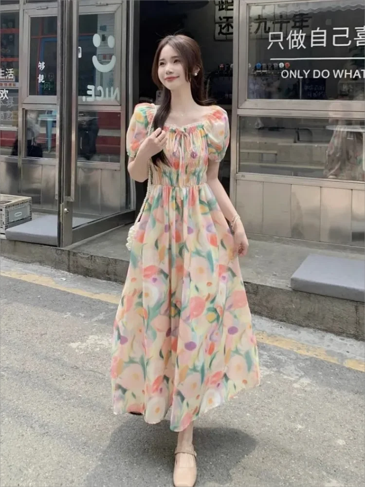 Korean Chic Summer Retro Square Neck Dresses Fashion Oil Painting Print Pleated Waist Slimming Puff Sleeve Dress