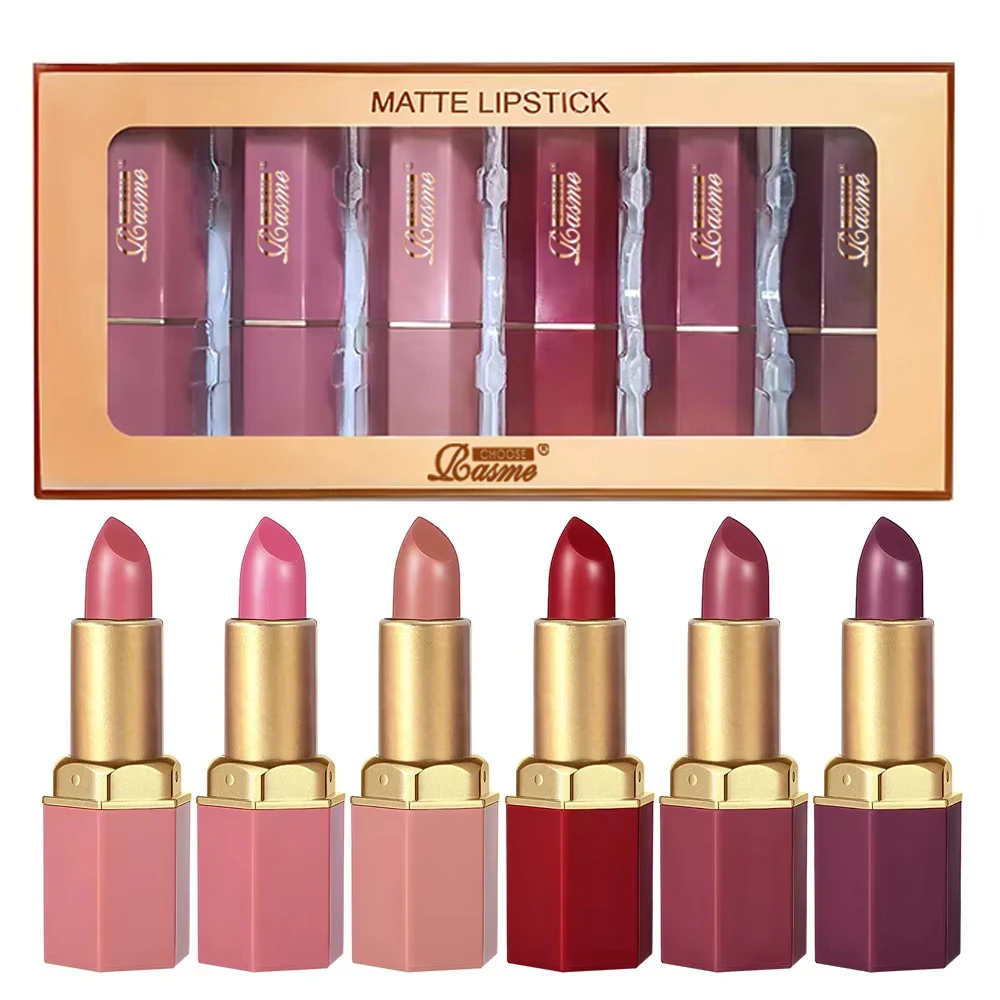 6 Colors Gold Bar Tube Lipstick Matte Texture Pearlescent Glitter Velvet Lipstick Valentine's Day Gift 6PCS