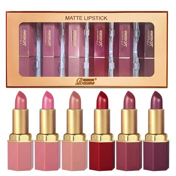 6 Colors Gold Bar Tube Lipstick Matte Texture Pearlescent Glitter Velvet Lipstick…