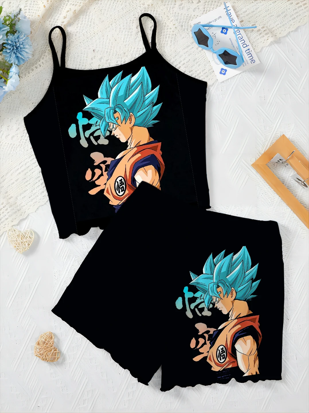 Conjunto de pijama de 2 piezas para mujer, camiseta con falda de pijama de Vegeta con ribete de lechuga, Top corto de Dragon Ball, Son Goku