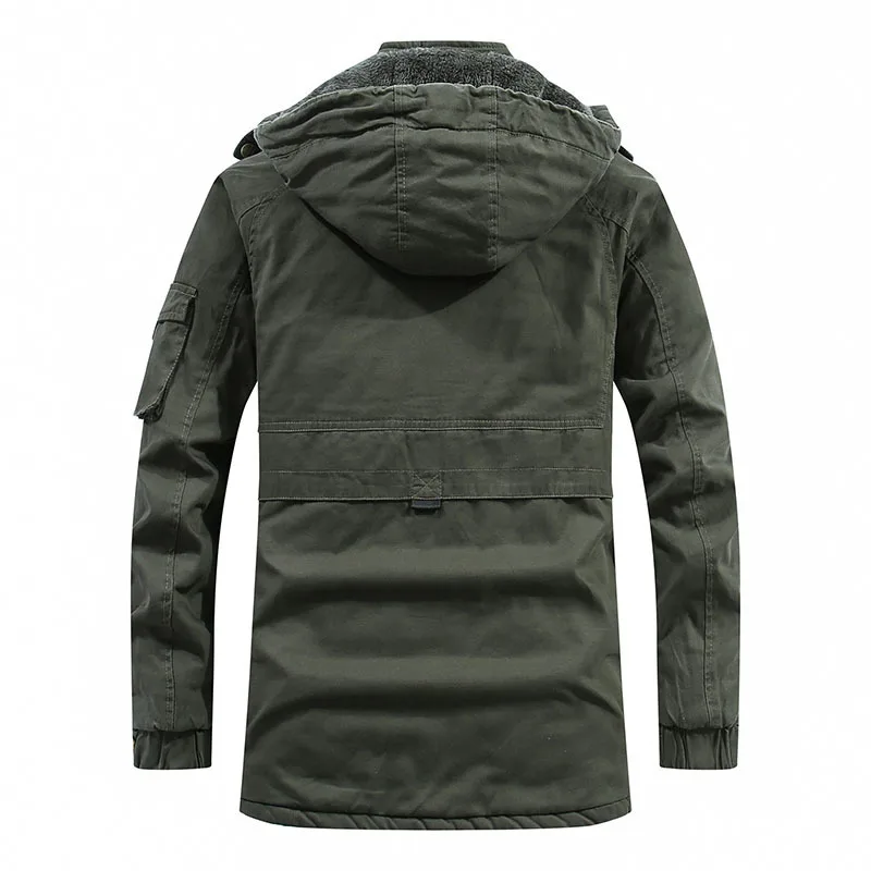 New Winter Men's Long-sleeve Hooded Cotton Jacket—a Stylish and Warm Fleece Mid-length Parkas, Available in Green, Black, Khaki.