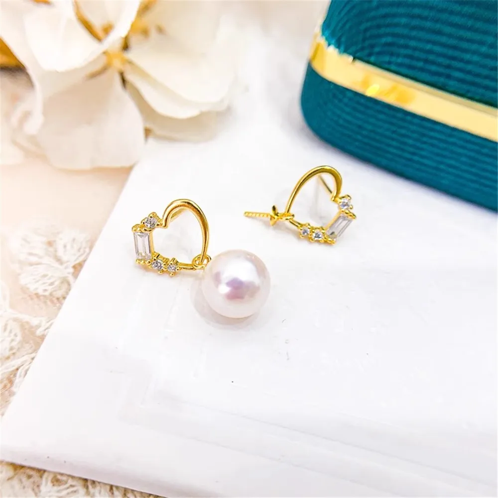 

DIY Pearl Accessories S925 Sterling Silver Stud Earrings Empty Tray Love Silver Earrings Holder Fit 8-12mm Round E290