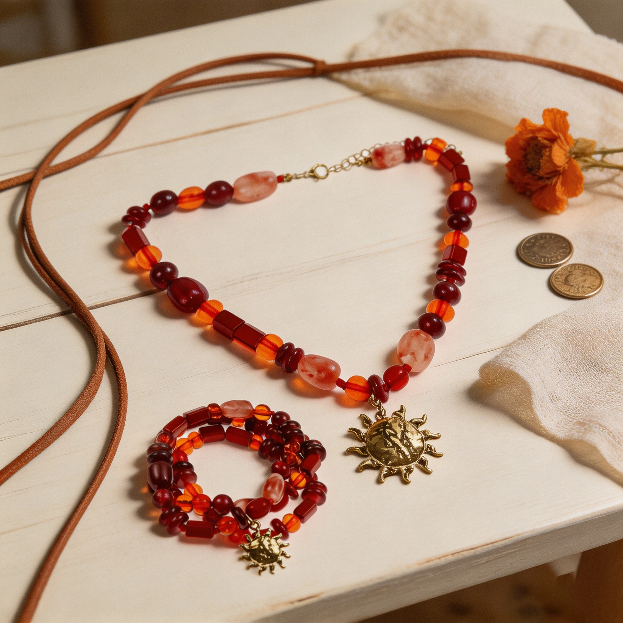 Boho Red Beaded Necklace & Bracelet Set Antique Gold Sun Pendant Ethnic Handmade Bead Women Gift