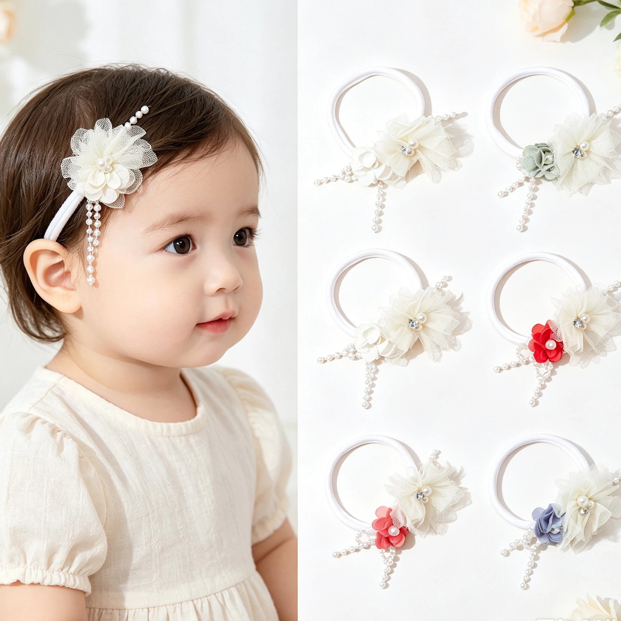 6Pcs Pearl Flower Headband Soft Stretchy Floral Hair Band for Children Newborn Cute Girls Kids Baby Hair Accessories 2026