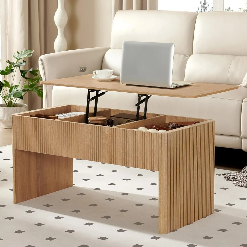 

Fluted Lift Top Coffee Table, Farmhouse Coffee Table with Hidden Compartment, Rising Top Center Table with Storage