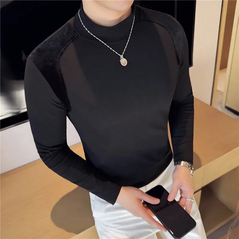 High Quality Denim Stitching Half Turtleneck Stretch T-shirt, Slim-Fit Long Sleeve Stretch Mid-Collar Bottoming Shirt, Fashion