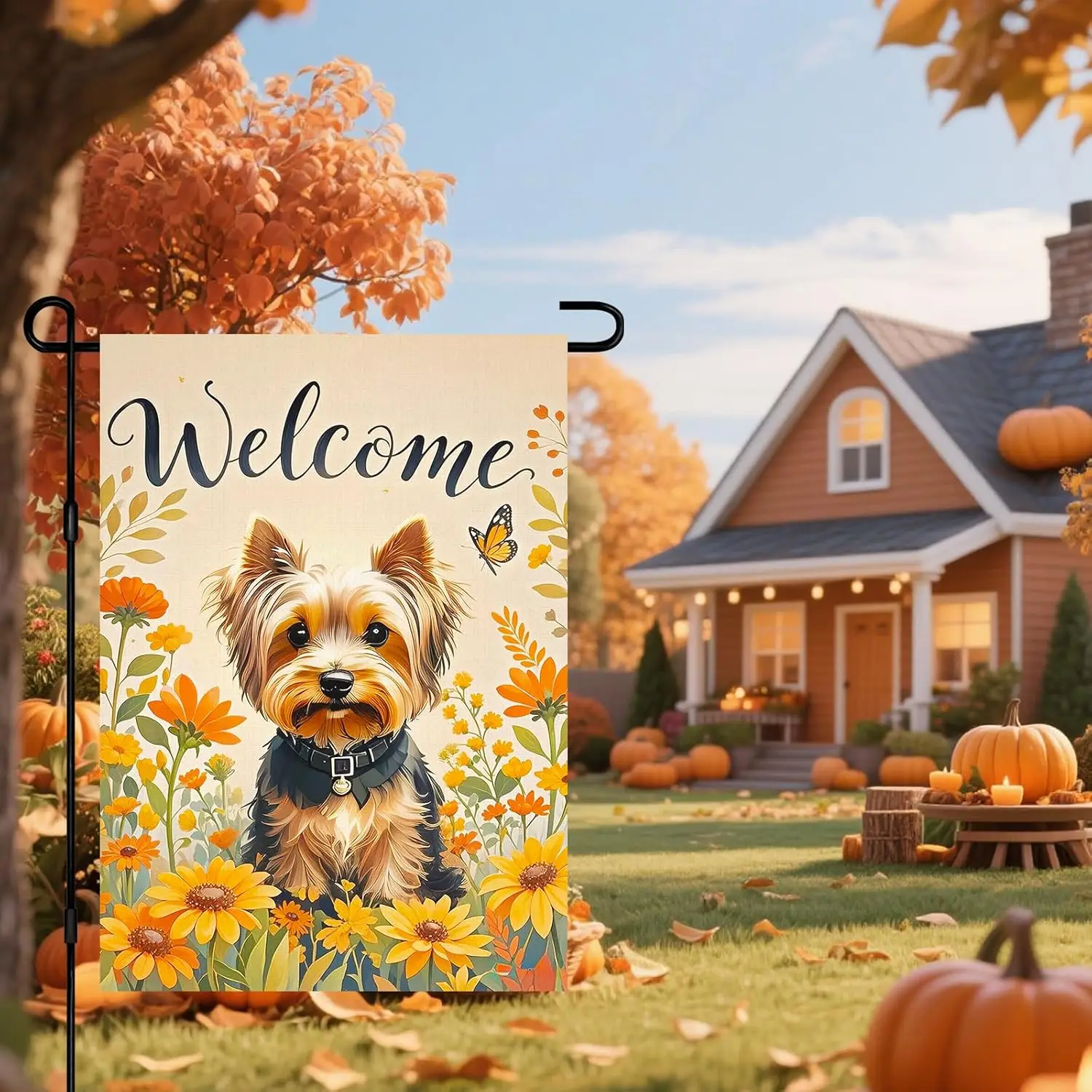 Fall Garden Flag 12x18 Inch Welcome Yorkshire Terrier Dog Outdoor Flag Double Sided Autumn Yard Banner with Sunflowers and B yyi