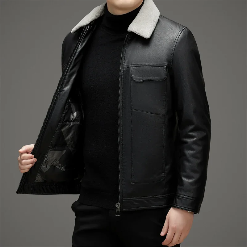 Winter Down Leather Jacket Men's Lapel White Duck Down Filling Business Casual Middleaged Soft Comfortable Jacket Thick