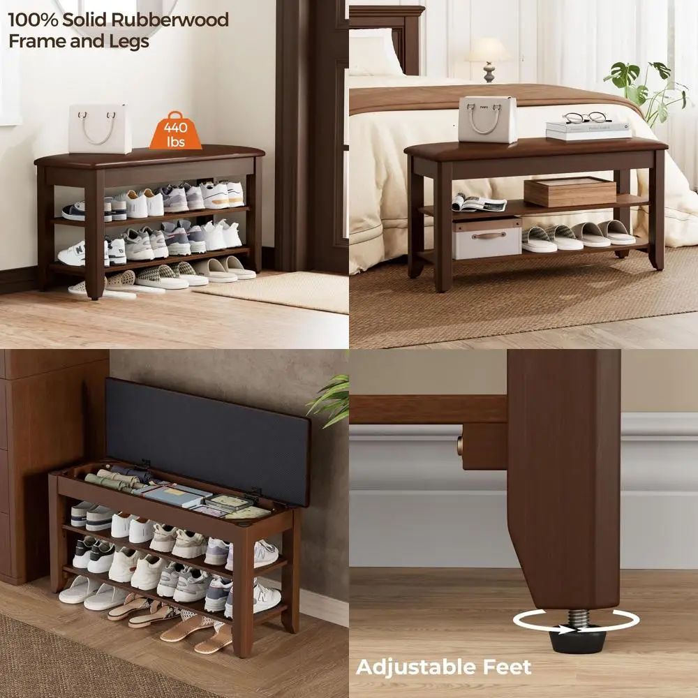 

Откидная скамья для хранения вещей из массива дерева с подушкой для прихожей, брызговиков и шкафов — орех, 31,5