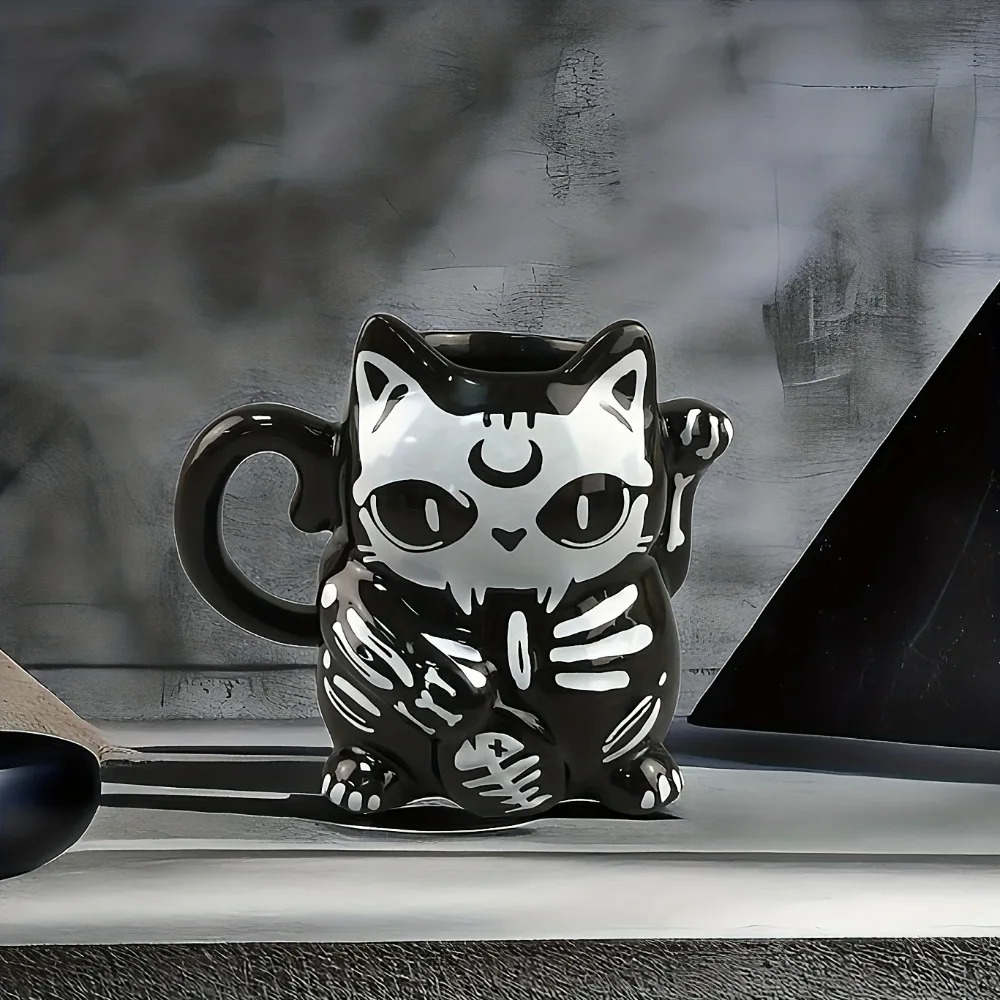 3D Schwarze Katze Skelett Kaffeetasse Keramikbecher für Tierliebhaber Kätzchen-Teetassen Horror-Party-Dekoration Geburtstagsgeschenk für Erwachsene und Kinder