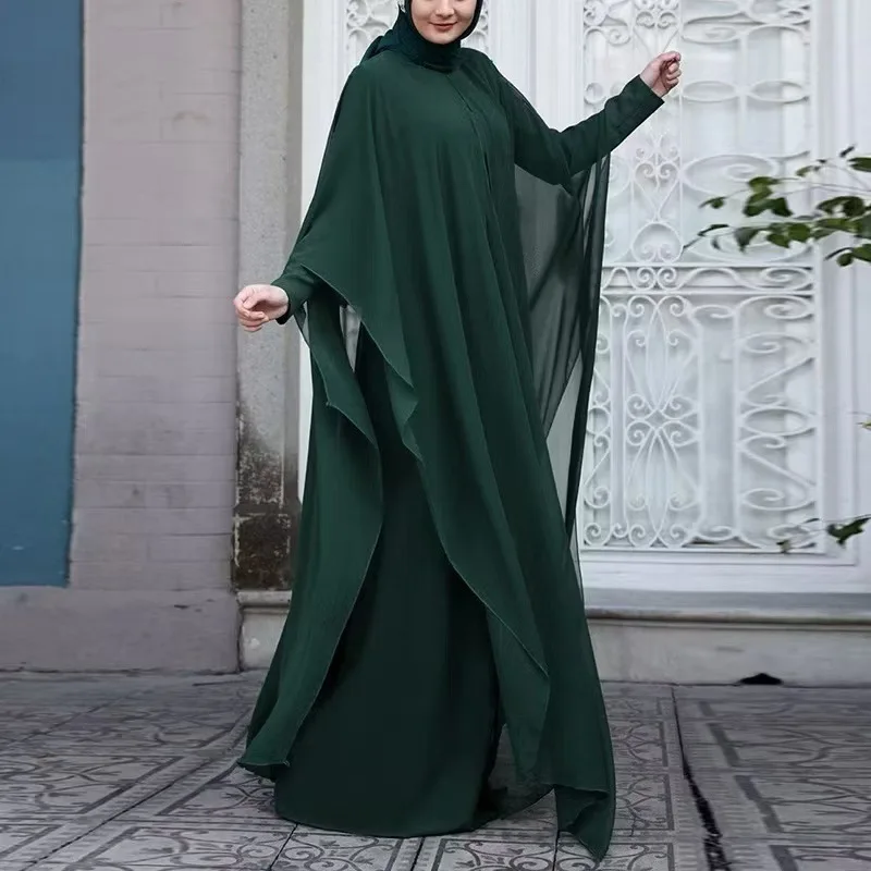 Spring and Autumn New Muslim Women's Solid Color Southeast Asian Two Piece Set Long Sleeve Art Retro Loose Round Neck Dress