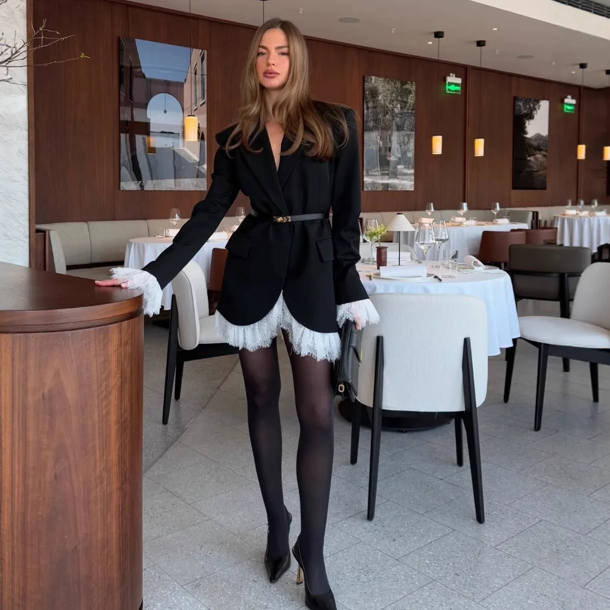 

Новое весеннее женское платье-пиджак 2026 года с V-образным вырезом, кружевными вставками и поясом, элегантное, для офиса, приталенное, универсальное, модное, с длинным рукавом