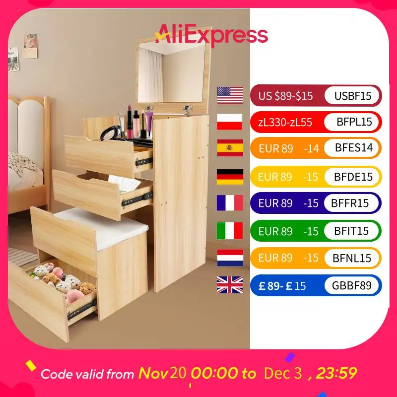 48CM Makeup Table with Makeup Stool, Cabinet with 3 Drawers , +Flip Mirror Modern Style Log Color