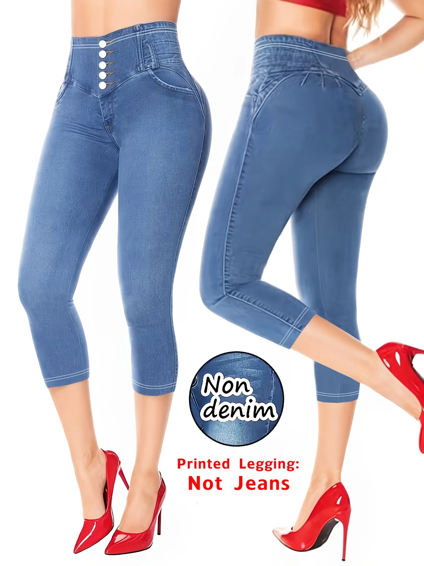 Women's Faux Denim Printed Capri Leggings, Non-Denim Casual Skinny Pants, Thin Breathable Sports Casual Yoga Pants