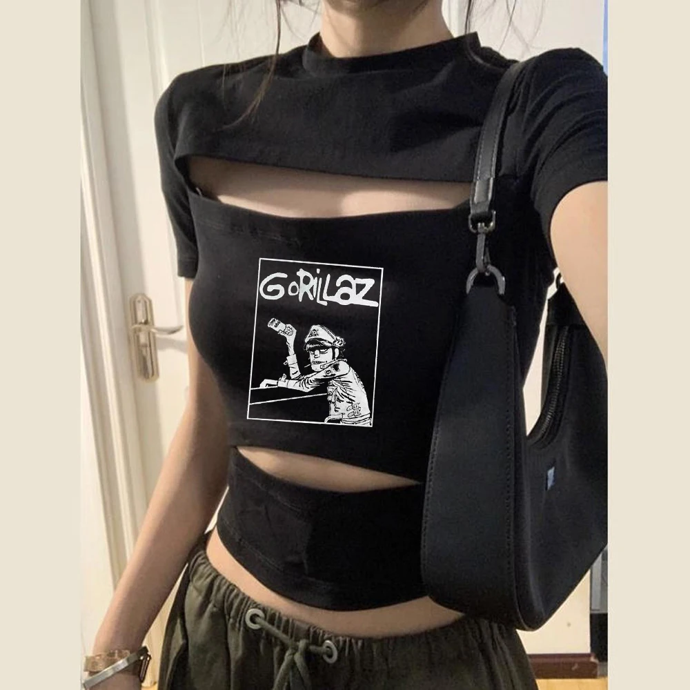Gorillaz crop top shoujo japan emo meme jojifuku graphic shirt emo manga japanese clearance sales y2k