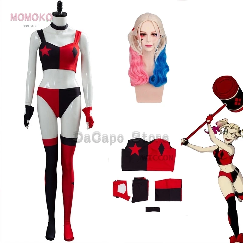 Anime Comic payaso femenino Harle Cosplay disfraz peluca mujer traje Sexy Halloween Canarval traje rojo negro