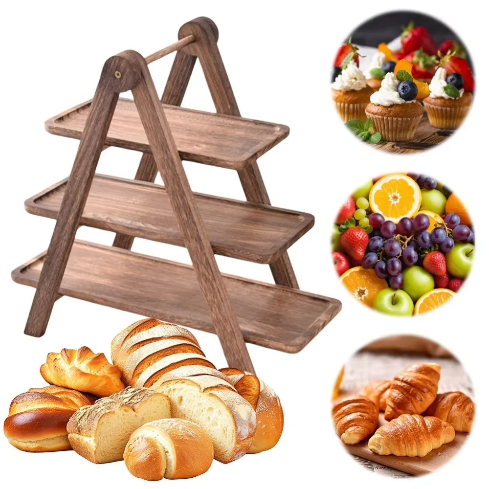 

New 3 Layers Wooden Serving Platter Detachable Multi-Function Wood Tiered Tray Foldable Food Serving Rack For Wedding Party