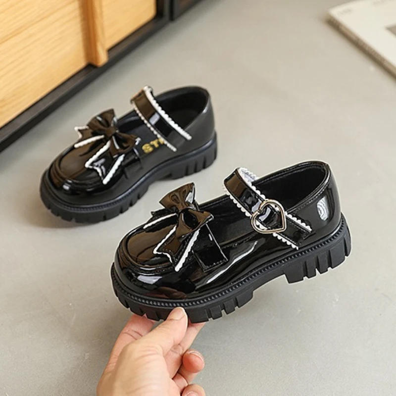 JGSHOWKITO Kids Leather Shoes Bow Decor Girls Princess Platform Loafers Non Slip Children Dress Mary Jane Shoes for School Daily