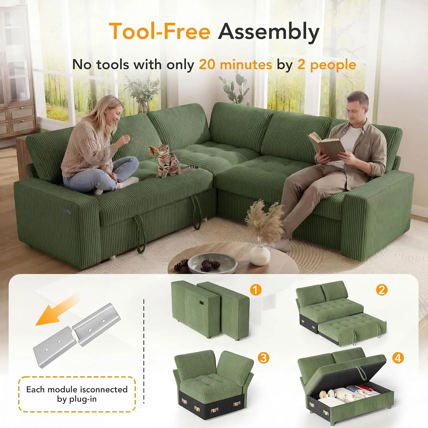 Pull Out Sectional Sleeper Sofa with Reclining Backrest & Storage, Corduroy Modular Couch with USB Charging