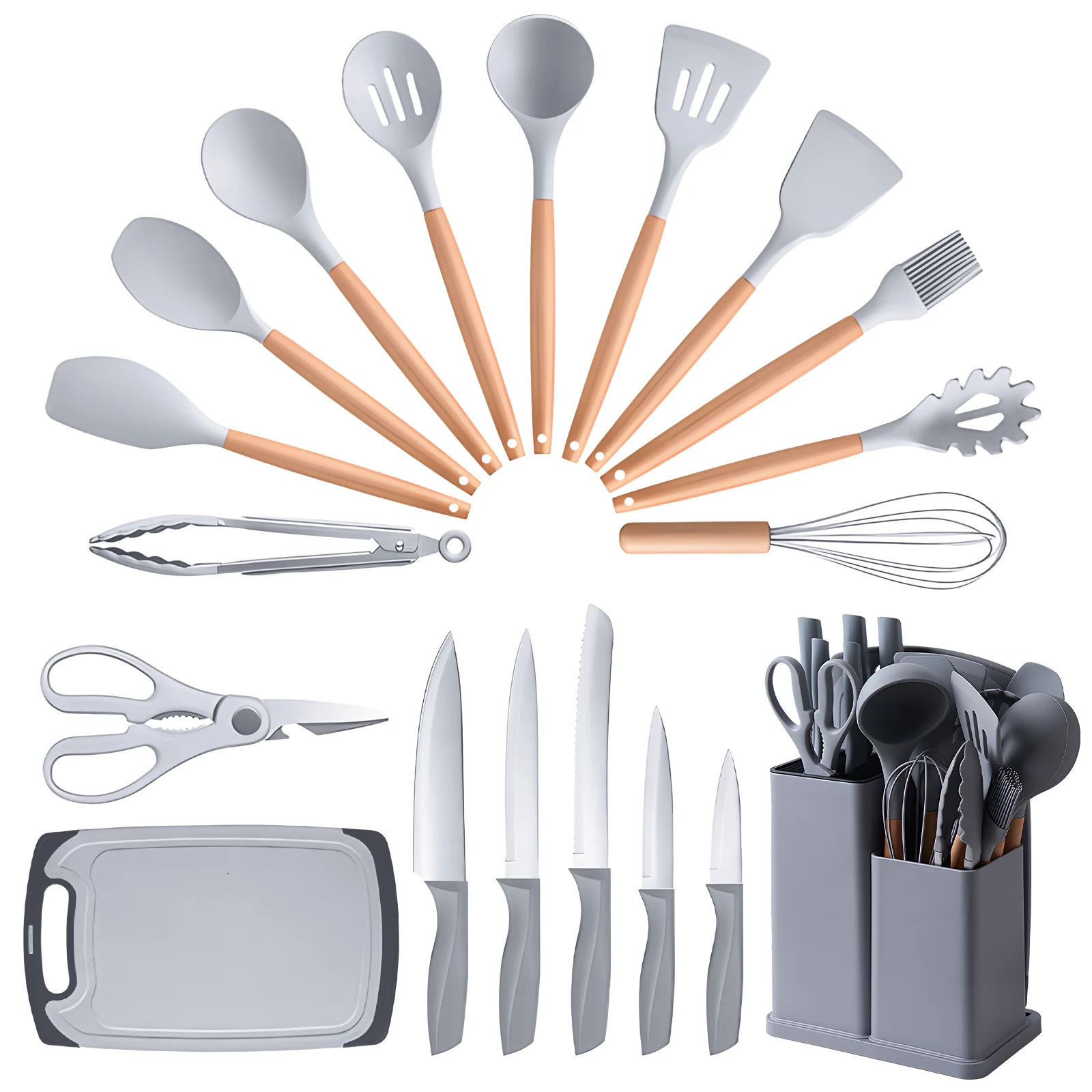 Kitchen Utensils Set 19-in-1 Heat Resistant Silicone Kitchen Set with 11 Pieces Spatula Cooking Utensils + 6 Pieces Sharp Knife